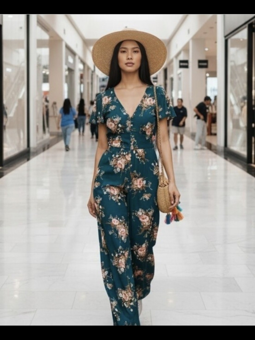june & hudson Teal Floral V-Neck Jumpsuit